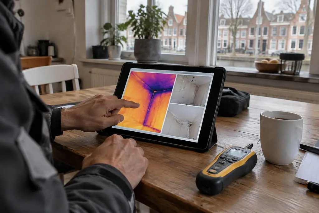 Lekdetectie Kesteren – lekdetectierapport met warmtebeelden en foto's op een tablet