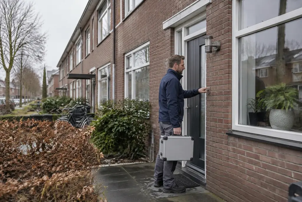 Lekdetectiespecialist met meetkoffer bij de voordeur van een woning in Kesteren